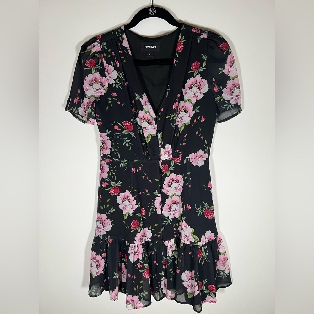 Yumi Kim black floral v-neck mini ruffle dress sz 4 cottagecore romantic